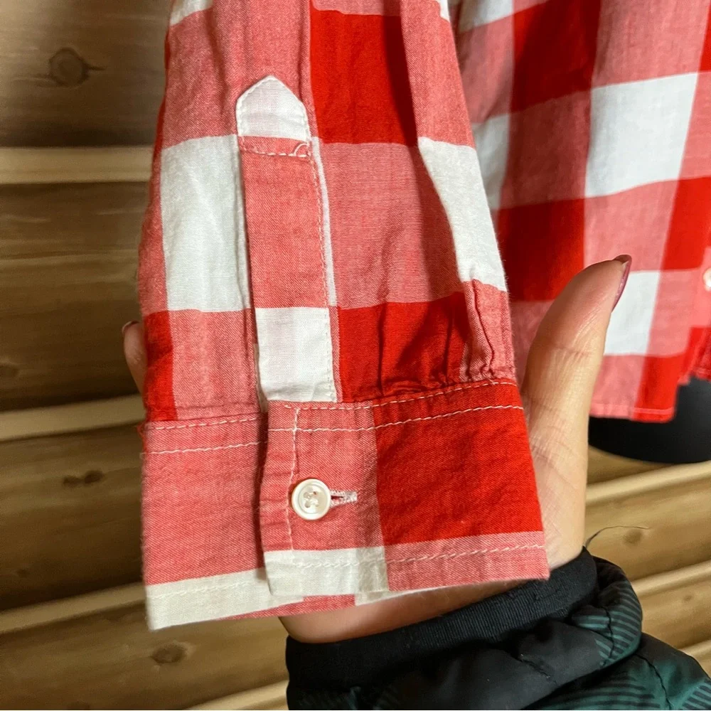 5/$25 Old navy girl long sleeve bottoms down‎ red white plaid shirt size 14 XL